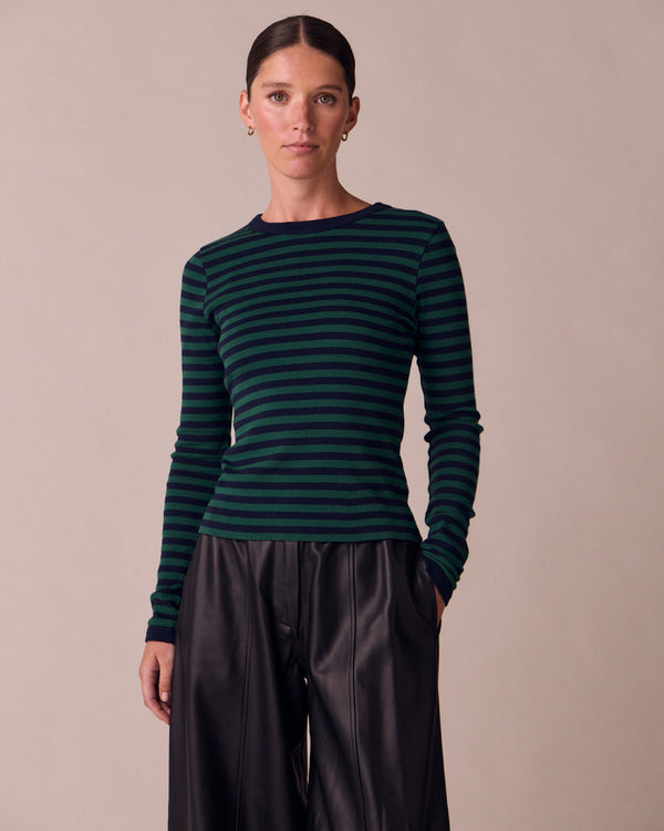model wears lila bay green and ink jersey top