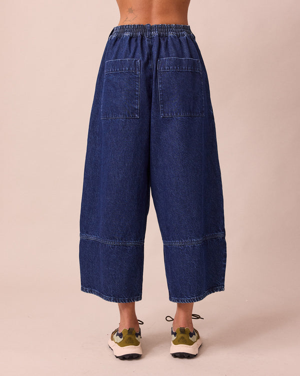 model wears blair dark wash denim jeans back