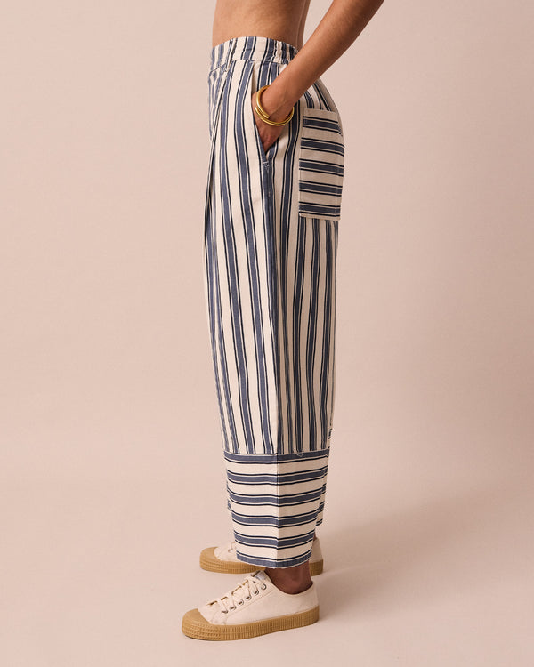 model wears blair sailor stripe denim jeans