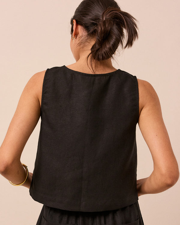 model wears black elodie linen top