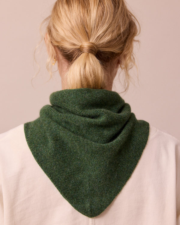 model wears knitted apple green neckerchief