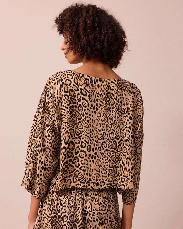 model wears lily leopard print cupro top