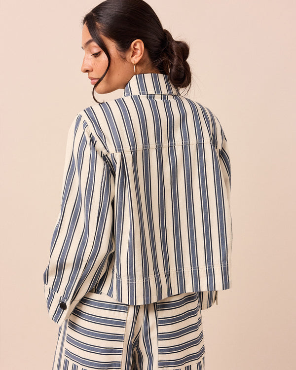 model wears sailor stripe denim lotta jacket