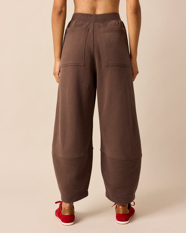 model wears pascale chocolate fleeceback jersey trousers back