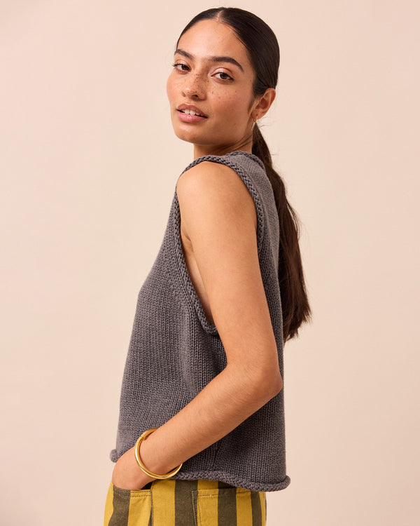 model wears tyler fog knitted vest