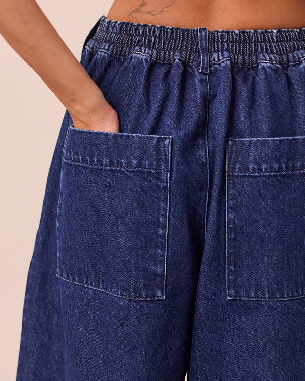 model wears blair dark wash denim jeans