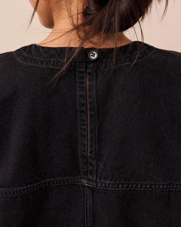 model wears deedee washed black denim top