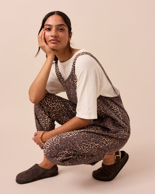 model wears leopard print lola jumpsuit