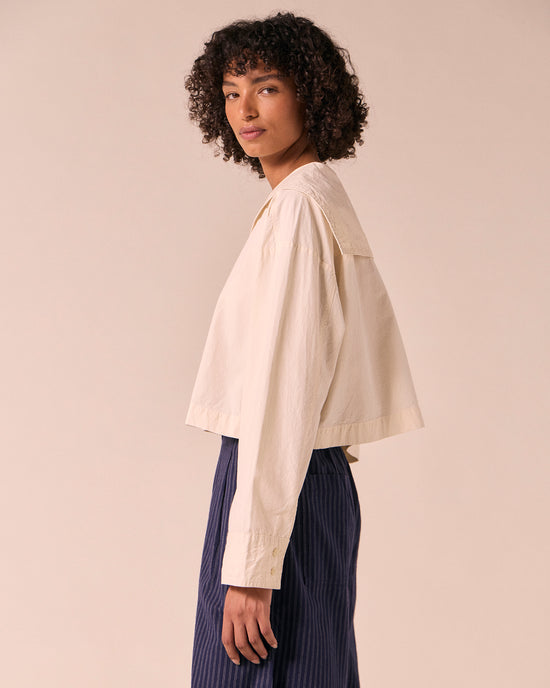 model wears abigail bone poplin top