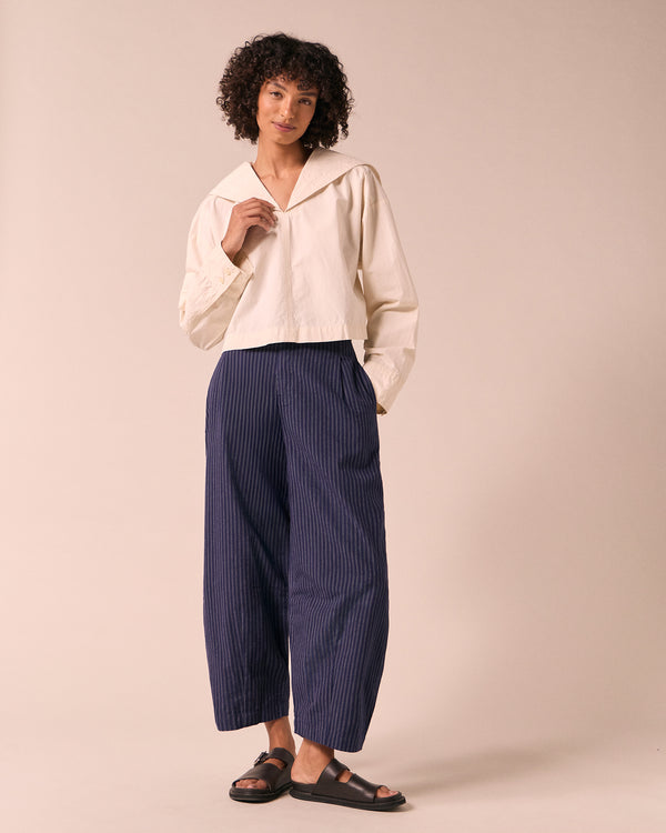 model wears abigail bone poplin top
