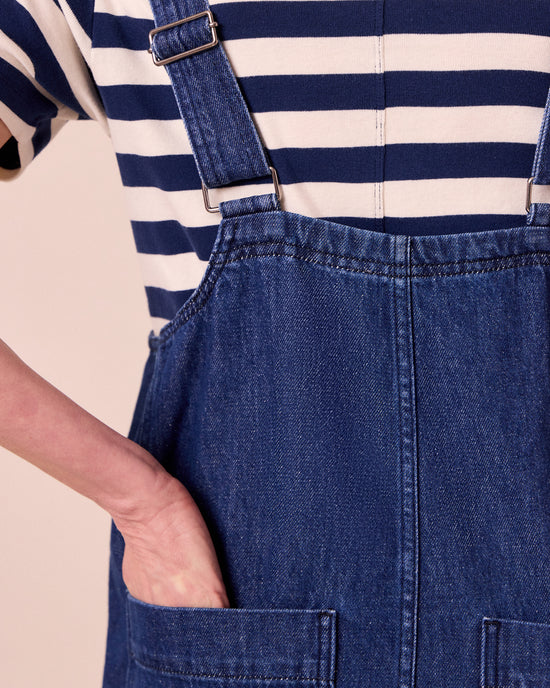 model wears the anica mid blue denim playsuit