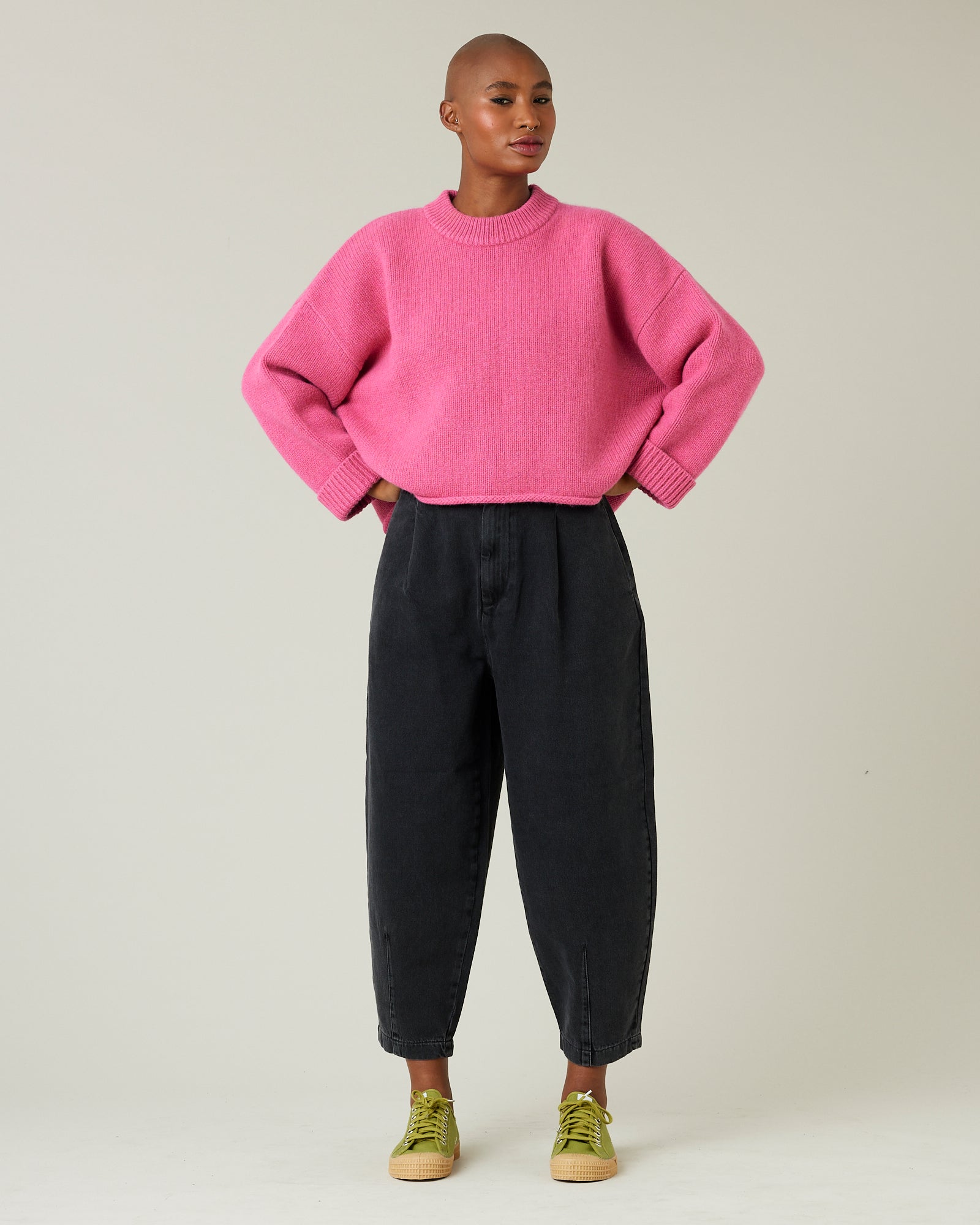 Pink sweater black pants sale