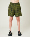 model wears green gingham ari shorts