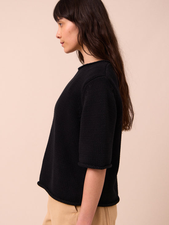 model wears bailey black knitted t-shirt