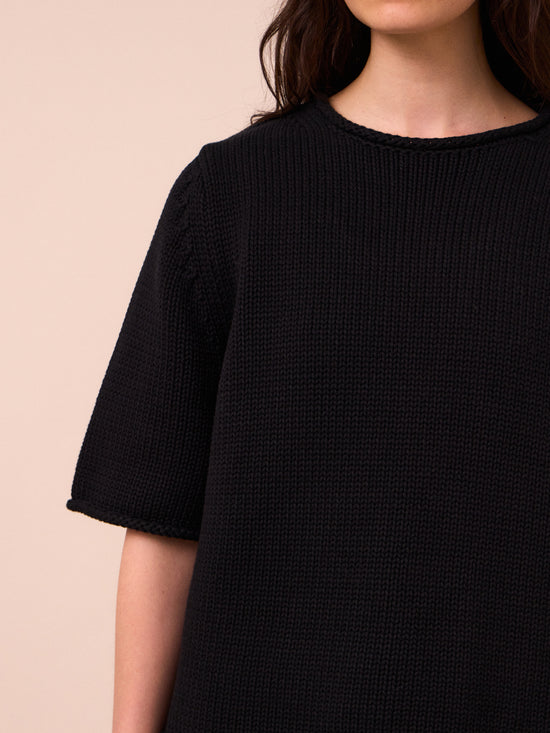 model wears bailey black knitted t-shirt