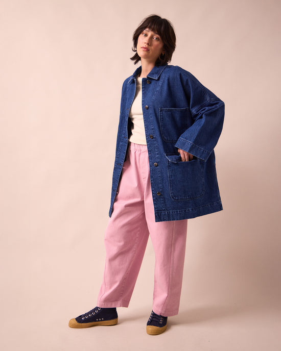 model wears bea mid blue denim jacket