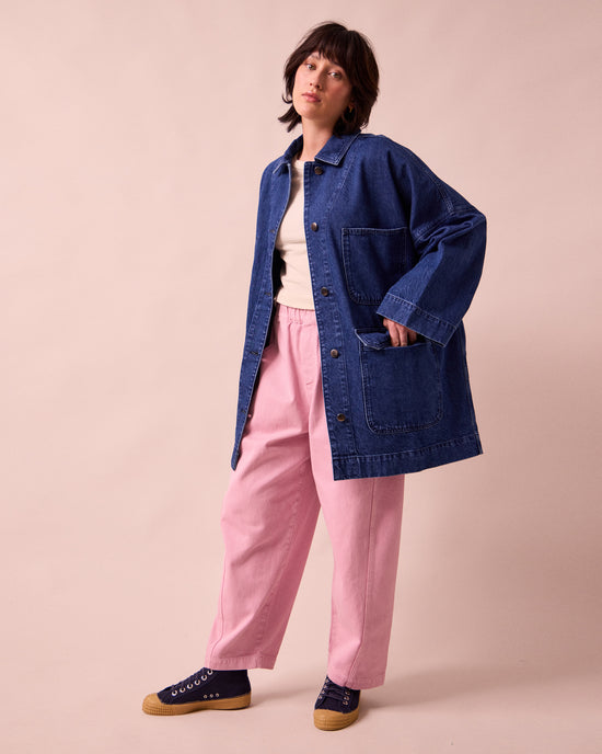 model wears bea mid blue denim jacket