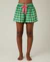 model wears green multi check bed shorts