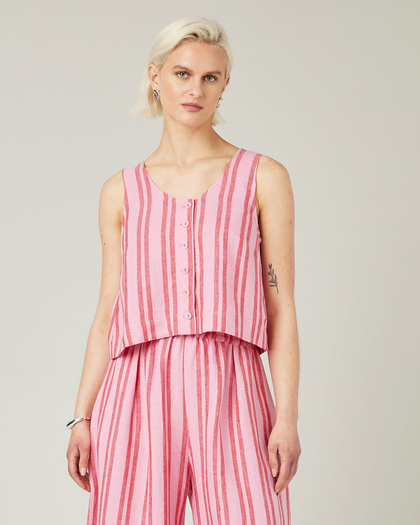 model wears blossom sttripe betty linen top