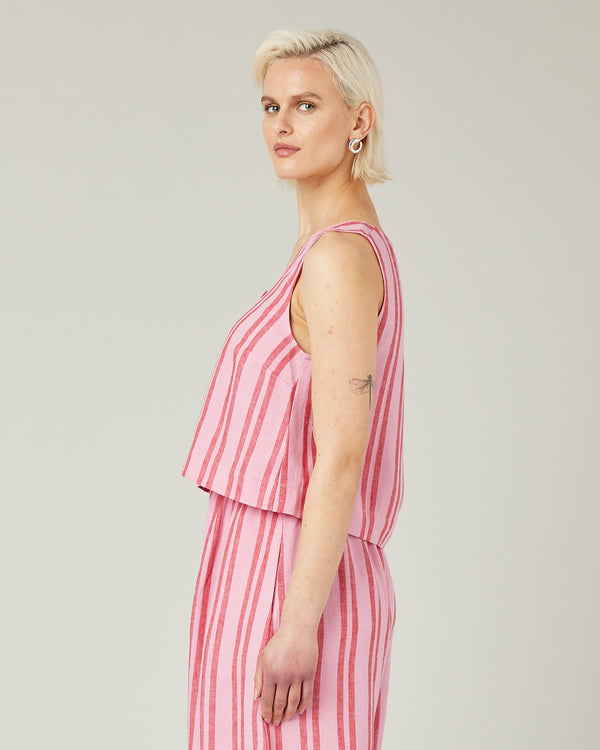 model wears blossom sttripe betty linen top