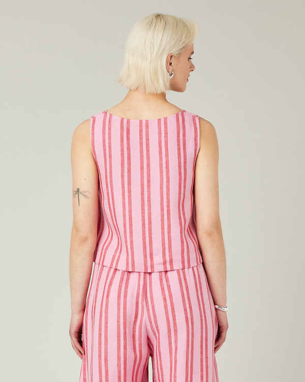 model wears blossom sttripe betty linen top