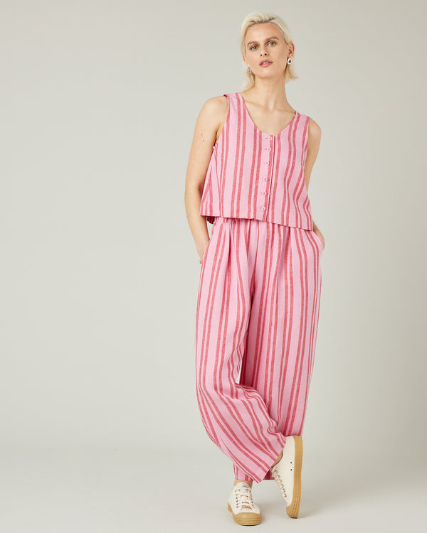 model wears blossom sttripe betty linen top