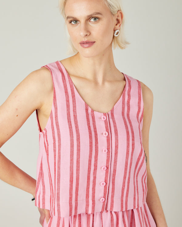 model wears blossom sttripe betty linen top