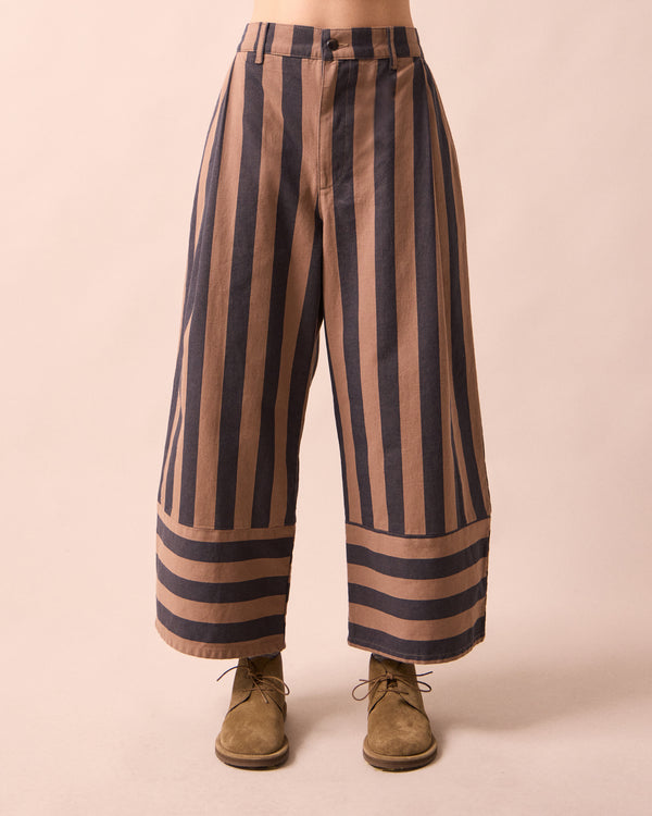 model wears blair graphite and mocha denim jeans front 