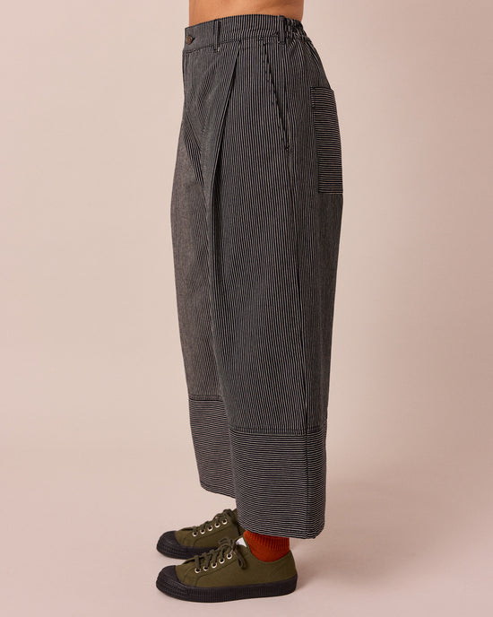 model wears blair black hickory stripe denim jeans right