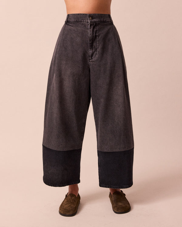 model wears blair grey denim jeans front