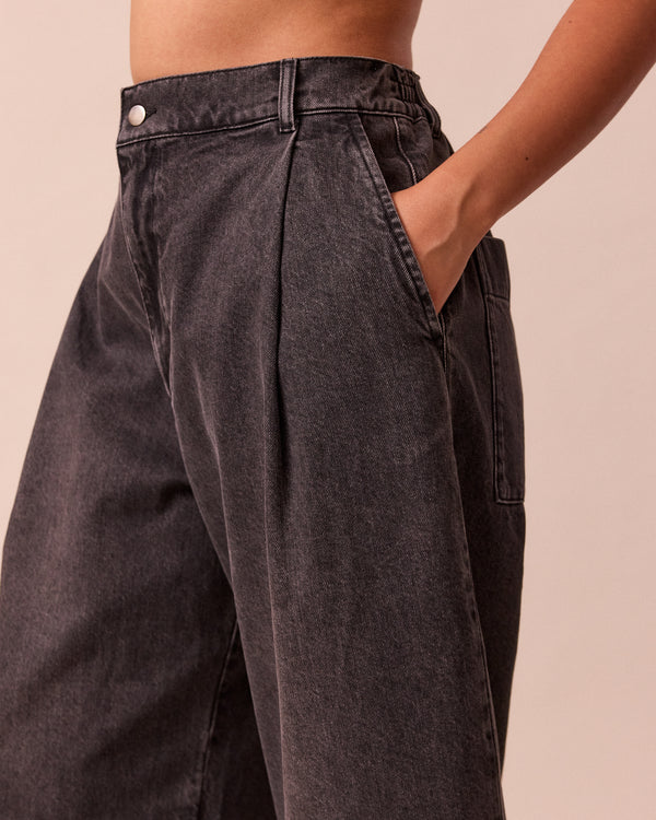 model wears blair grey denim jeans