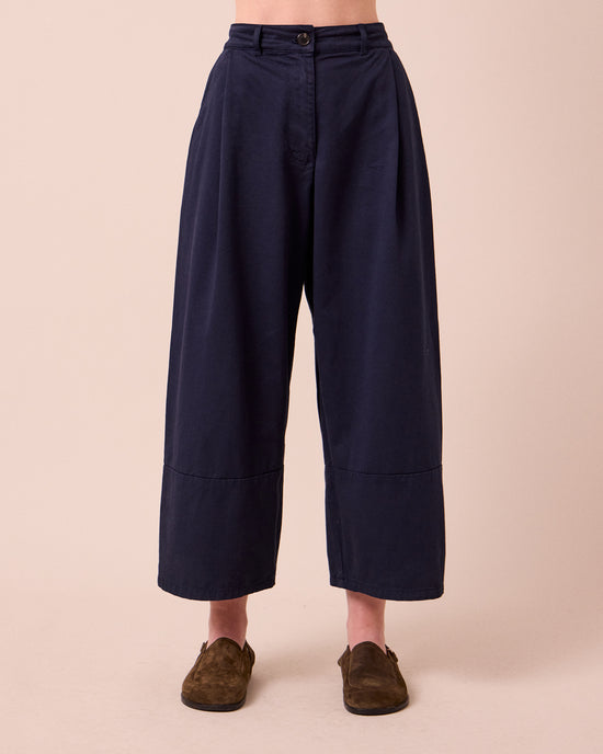 model wears blair ink twill trousers front