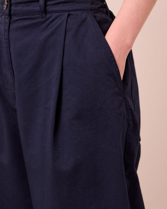 model wears blair ink twill trousers