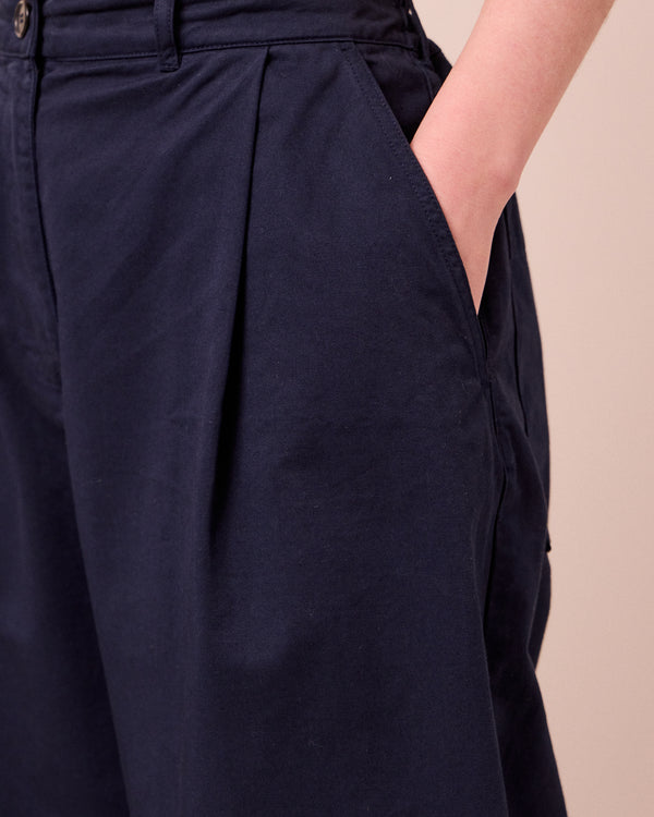 model wears blair ink twill trousers