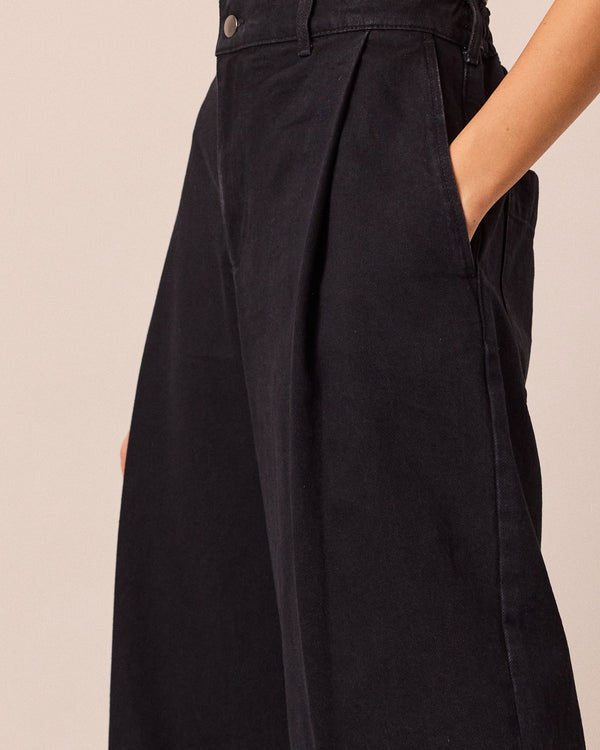 model wears blair washed black denim jeans