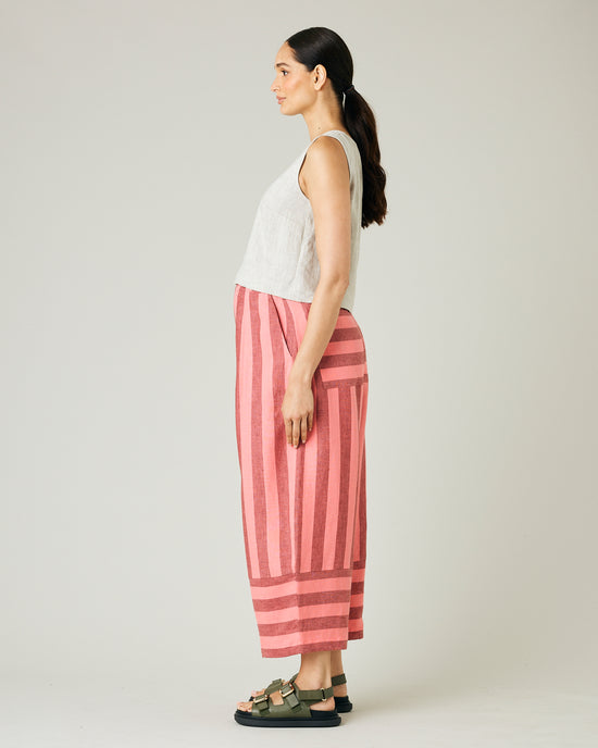 pregnant model wears blush stripe bobbi trousers