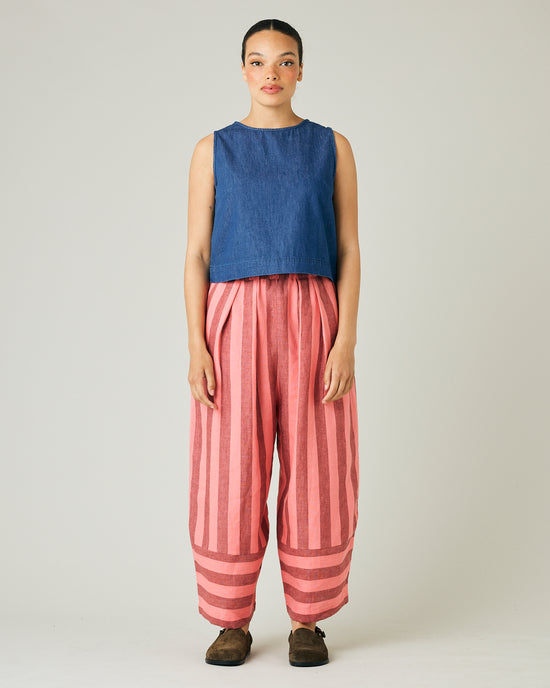 model wears blush stripe bobbi trousers