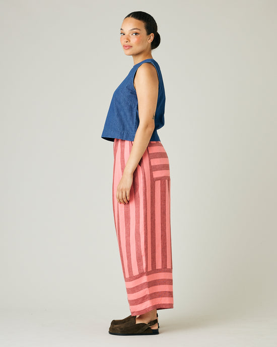 model wears blush stripe bobbi trousers