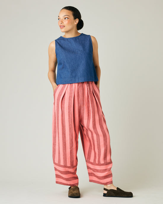 model wears blush stripe bobbi trousers