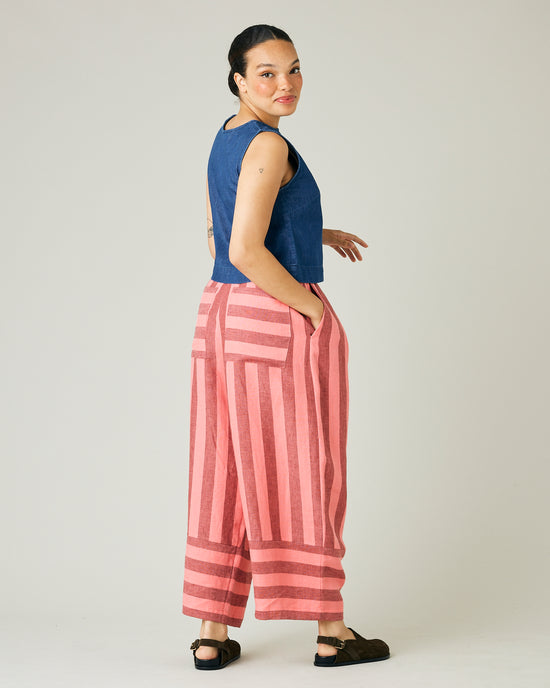 model wears blush stripe bobbi trousers