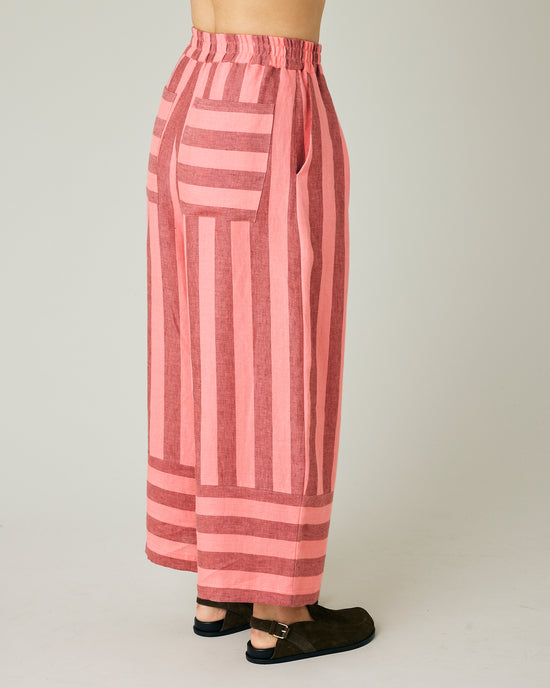 model wears blush stripe bobbi trousers right