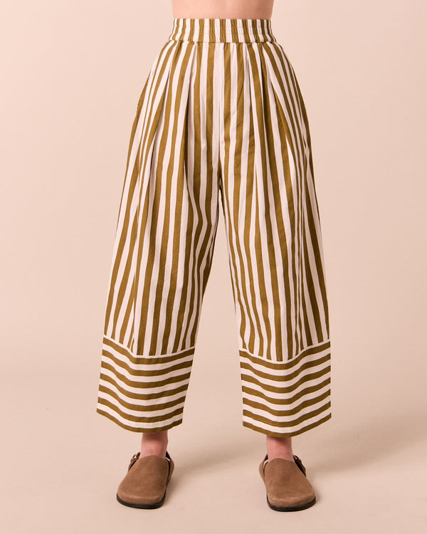 model wears bobbi dune stripe cotton trousers front