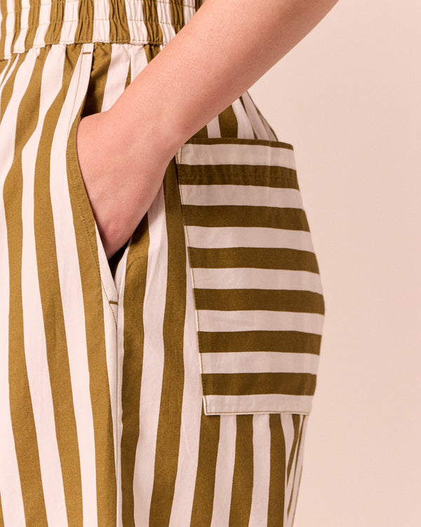 model wears bobbi dune stripe cotton trousers