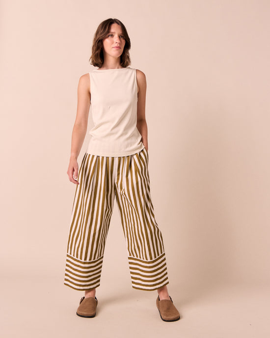 model wears bobbi dune stripe cotton trousers right