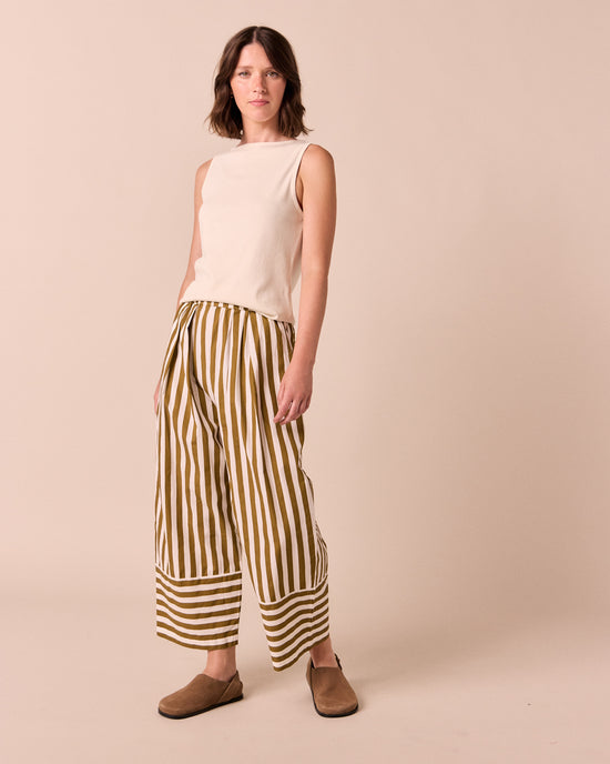 model wears bobbi dune stripe cotton trousers