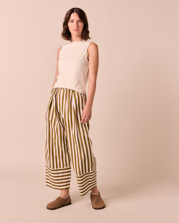 model wears bobbi dune stripe cotton trousers