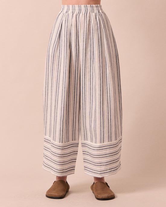 model wears bobbi sailor stripe linen trousers front