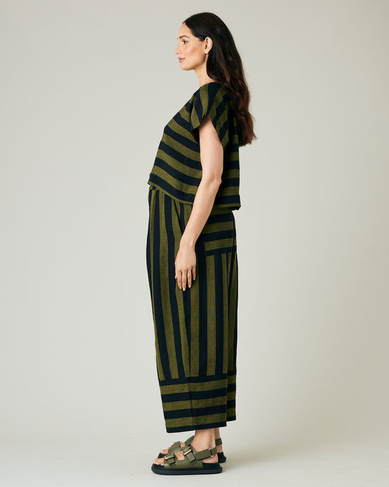 pregnant model wears black and olive stripe bobbi trousers