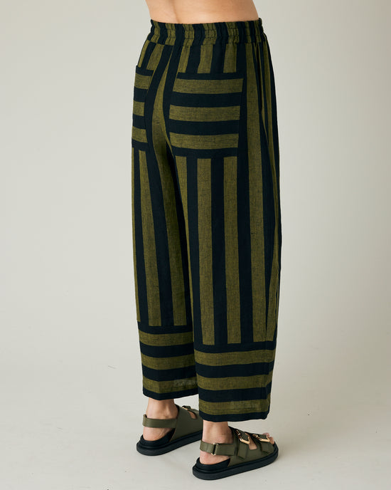 pregnant model wears black and olive stripe bobbi trousers