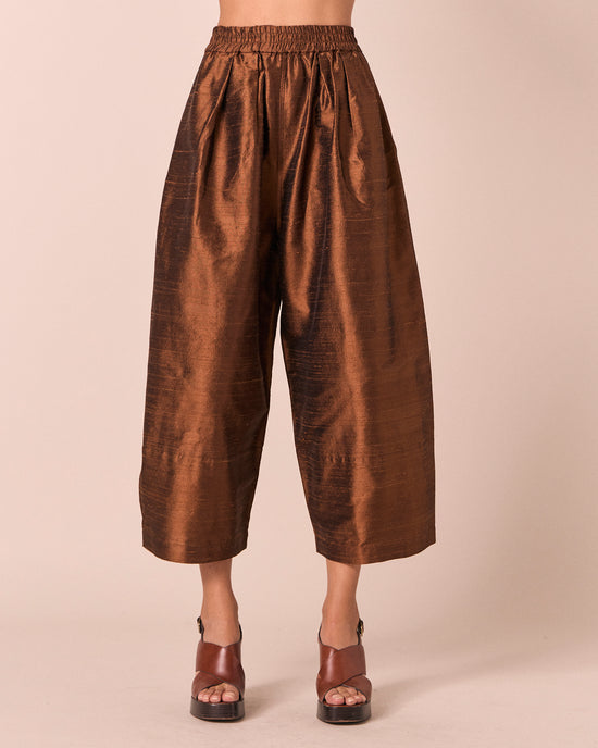 model wears bobbi pecan silk dupion trousers front